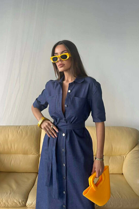 ONE COLOR SILVER BUTTON UP SHORT SLEEVE WOMEN DRESS BLUE/BLU - 2