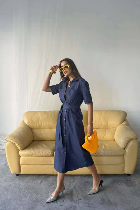 ONE COLOR SILVER BUTTON UP SHORT SLEEVE WOMEN DRESS BLUE/BLU - 3