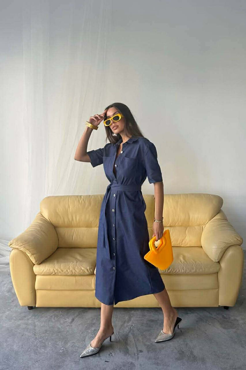 ONE COLOR SILVER BUTTON UP SHORT SLEEVE WOMEN DRESS BLUE/BLU - 3