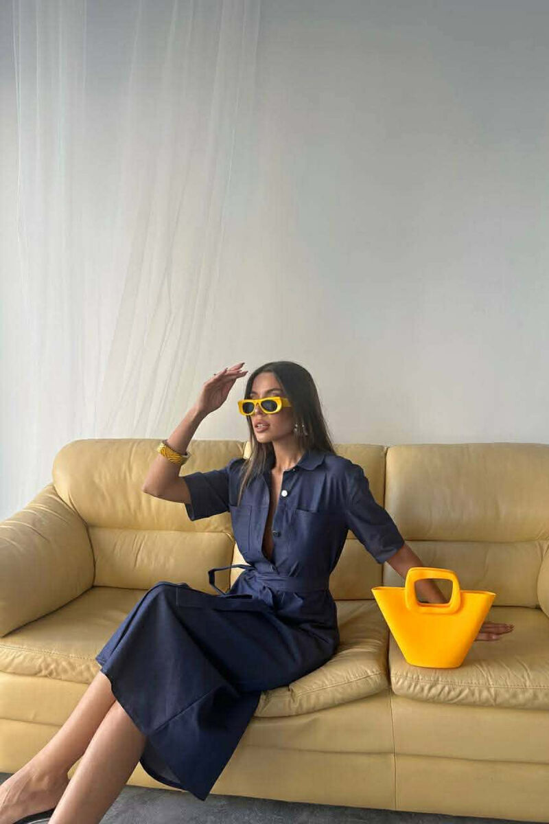 ONE COLOR SILVER BUTTON UP SHORT SLEEVE WOMEN DRESS BLUE/BLU - 4