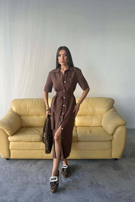 ONE COLOR SILVER BUTTON UP SHORT SLEEVE WOMEN DRESS BROWN/KAFE - 1