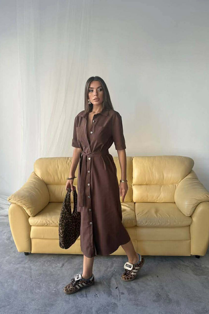 ONE COLOR SILVER BUTTON UP SHORT SLEEVE WOMEN DRESS BROWN/KAFE - 2