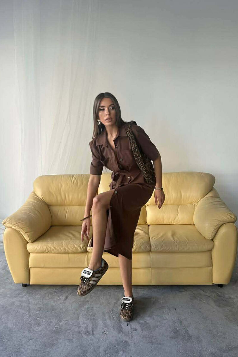 ONE COLOR SILVER BUTTON UP SHORT SLEEVE WOMEN DRESS BROWN/KAFE - 4