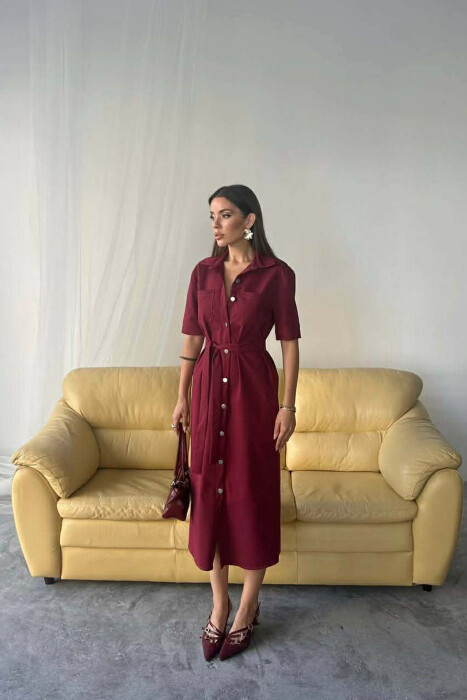 ONE COLOR SILVER BUTTON UP SHORT SLEEVE WOMEN DRESS BURGUNDY/VISHNJE 