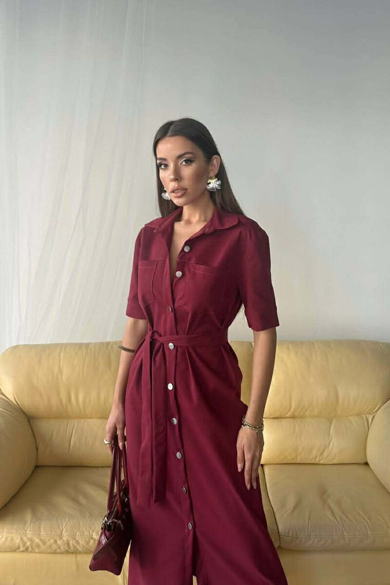 ONE COLOR SILVER BUTTON UP SHORT SLEEVE WOMEN DRESS BURGUNDY/VISHNJE - 2