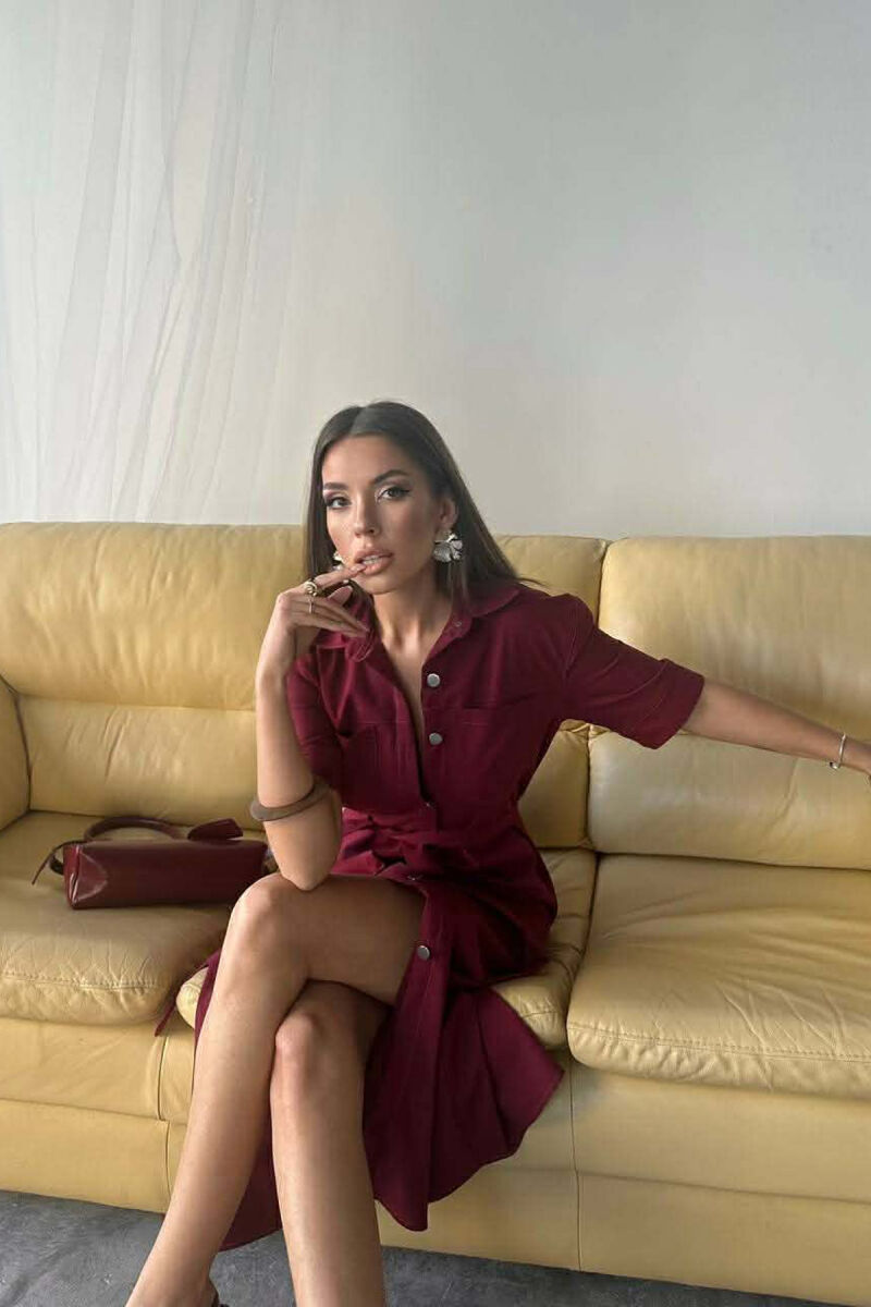ONE COLOR SILVER BUTTON UP SHORT SLEEVE WOMEN DRESS BURGUNDY/VISHNJE - 3