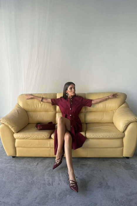 ONE COLOR SILVER BUTTON UP SHORT SLEEVE WOMEN DRESS BURGUNDY/VISHNJE - 4