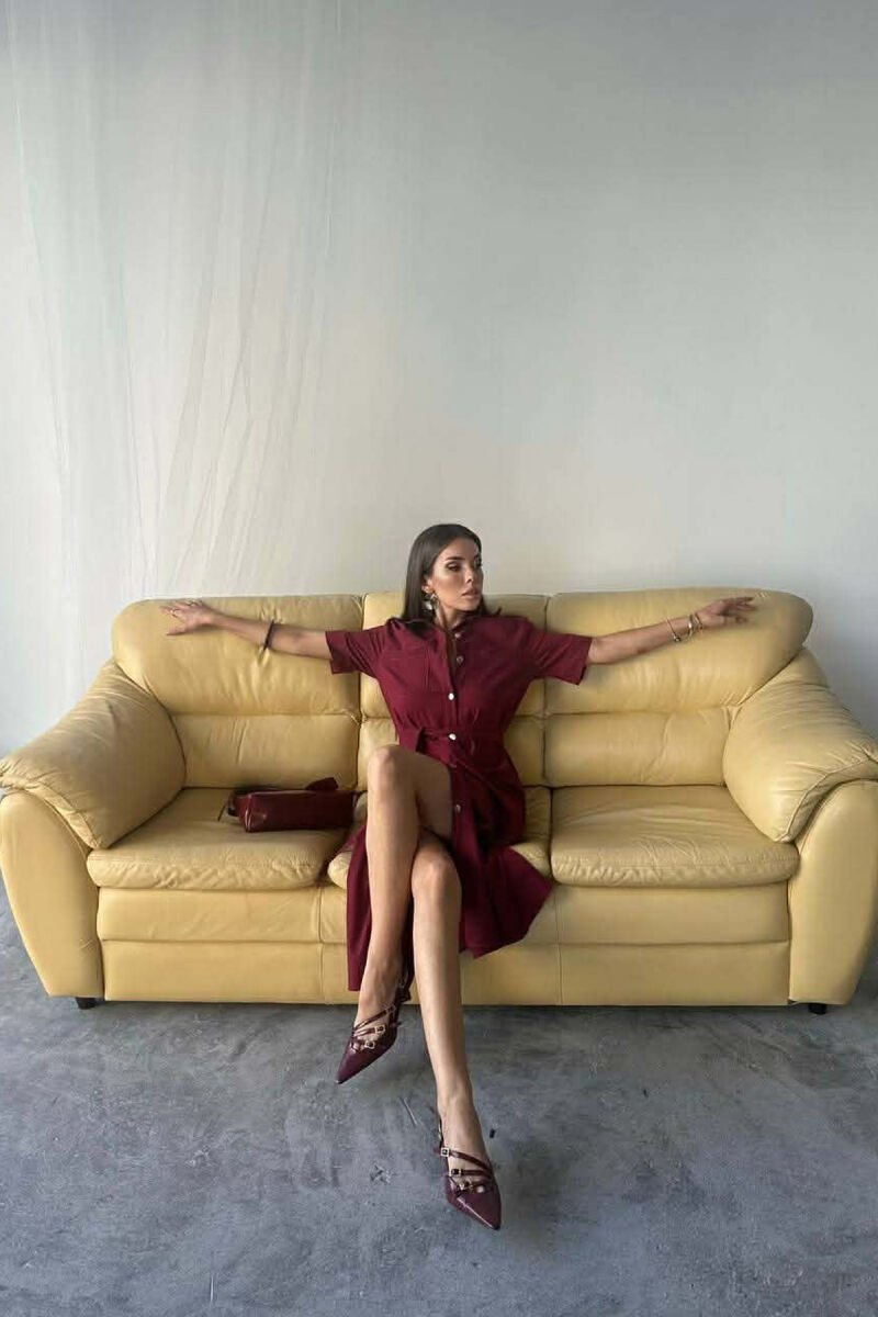 ONE COLOR SILVER BUTTON UP SHORT SLEEVE WOMEN DRESS BURGUNDY/VISHNJE - 4