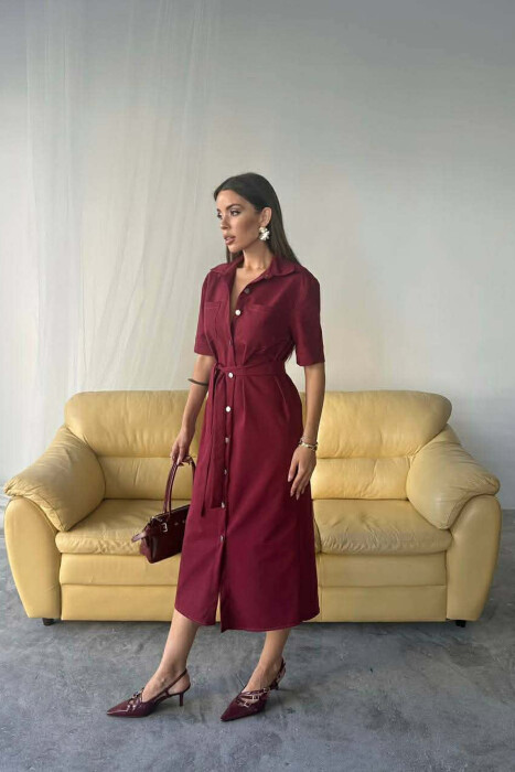 ONE COLOR SILVER BUTTON UP SHORT SLEEVE WOMEN DRESS BURGUNDY/VISHNJE - 5