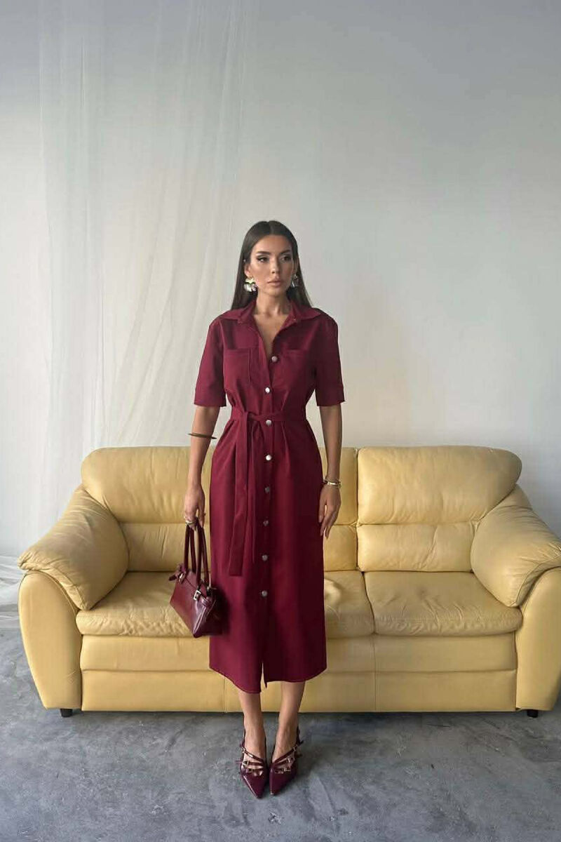 ONE COLOR SILVER BUTTON UP SHORT SLEEVE WOMEN DRESS BURGUNDY/VISHNJE - 6
