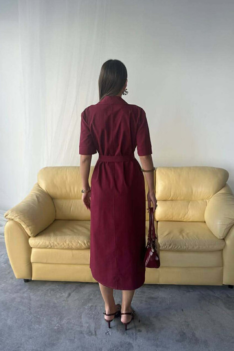 ONE COLOR SILVER BUTTON UP SHORT SLEEVE WOMEN DRESS BURGUNDY/VISHNJE - 7