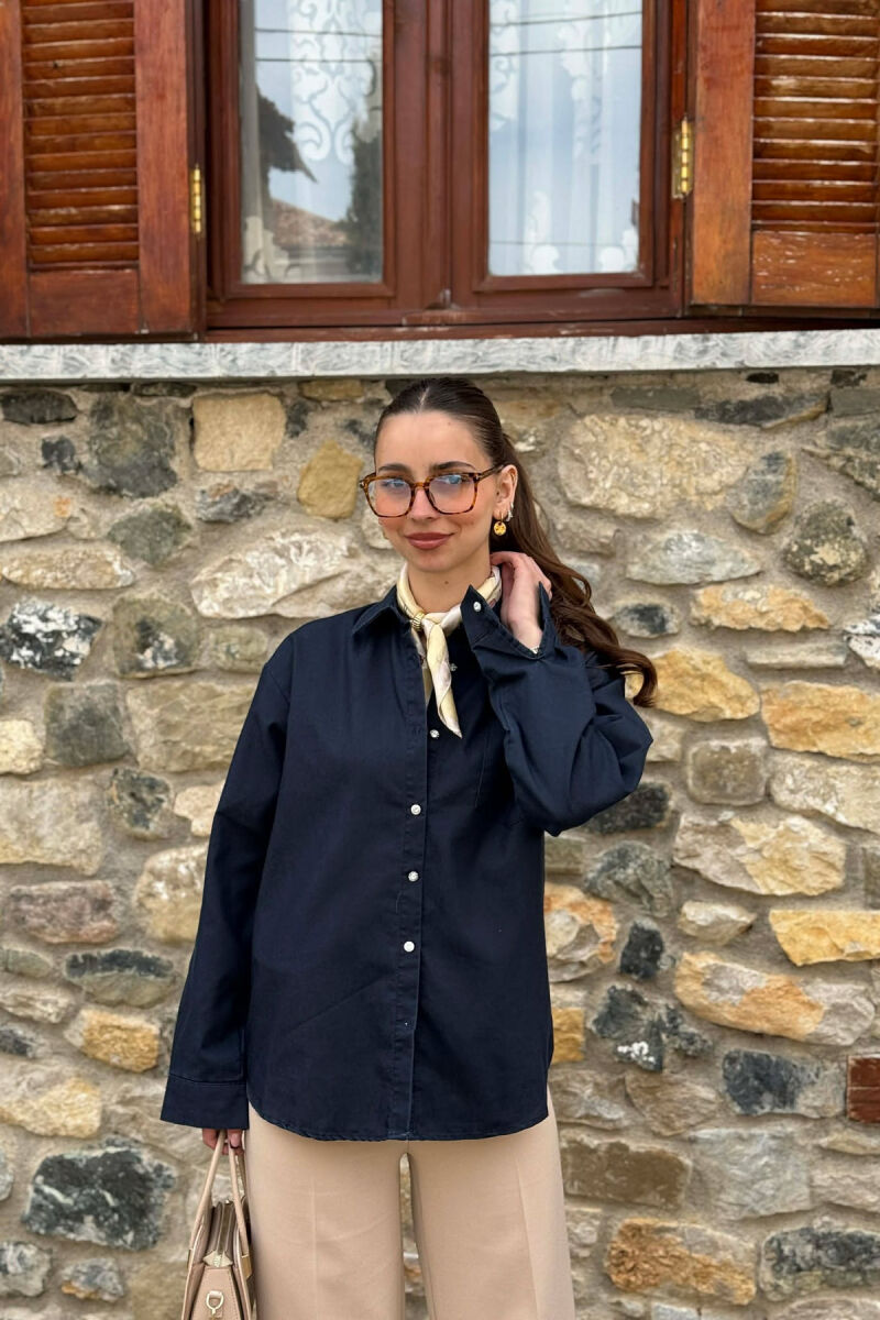 ONE COLOR SILVER BUTTONS WOMAN SHIRT DARK BLUE/BEE - 1