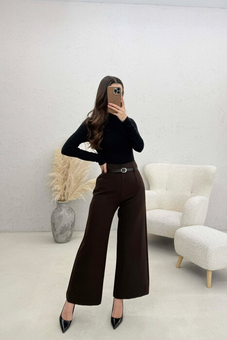 ONE COLOR SIMPLE BELT DETAIL WOMAN TROUSERS BROWN/KAFE - KLAUDIO FASHION