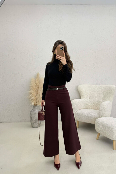 ONE COLOR SIMPLE BELT DETAIL WOMAN TROUSERS DARK BURGUNDY/VISHNJE E ERRET - KLAUDIO FASHION