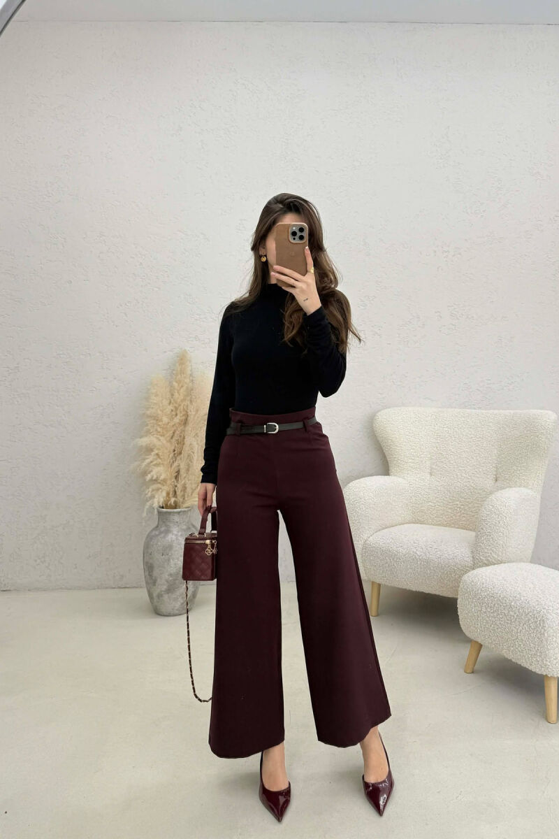 ONE COLOR SIMPLE BELT DETAIL WOMAN TROUSERS DARK BURGUNDY/VISHNJE E ERRET - 1