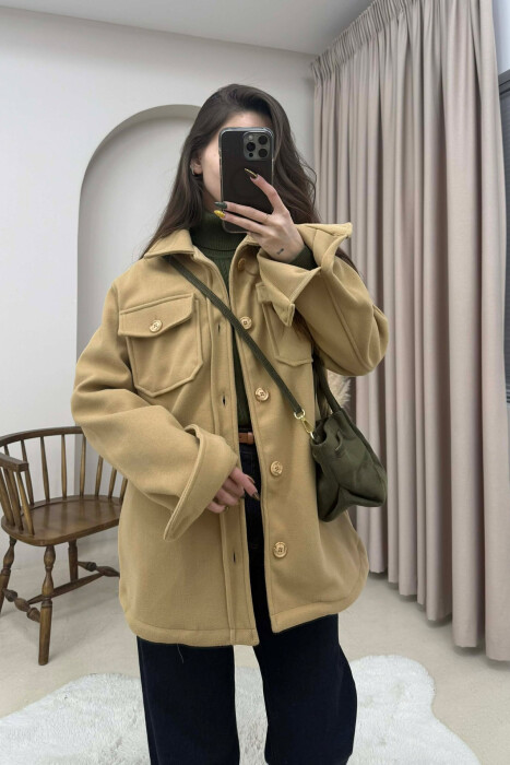 ONE COLOR SIMPLE BUTTONED WOMEN JACKET BEIGE/BEZHE - 2