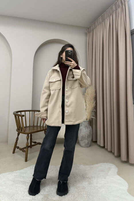 ONE COLOR SIMPLE BUTTONED WOMEN JACKET CREAM/KREM - KLAUDIO FASHION
