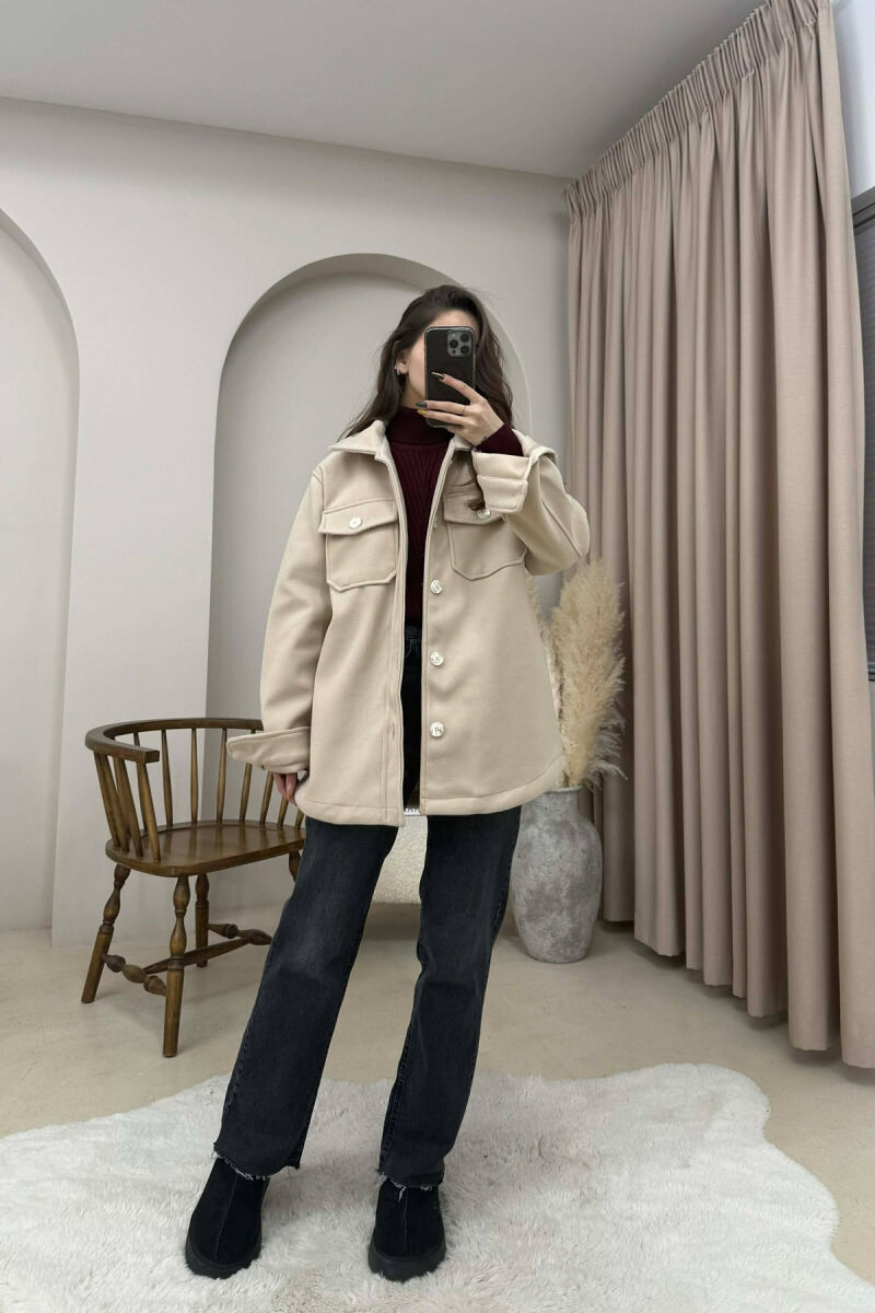 ONE COLOR SIMPLE BUTTONED WOMEN JACKET CREAM/KREM - 1