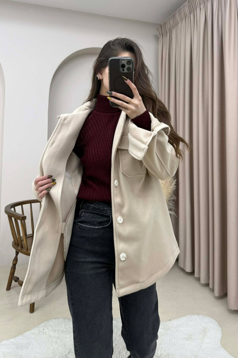 ONE COLOR SIMPLE BUTTONED WOMEN JACKET CREAM/KREM - 4