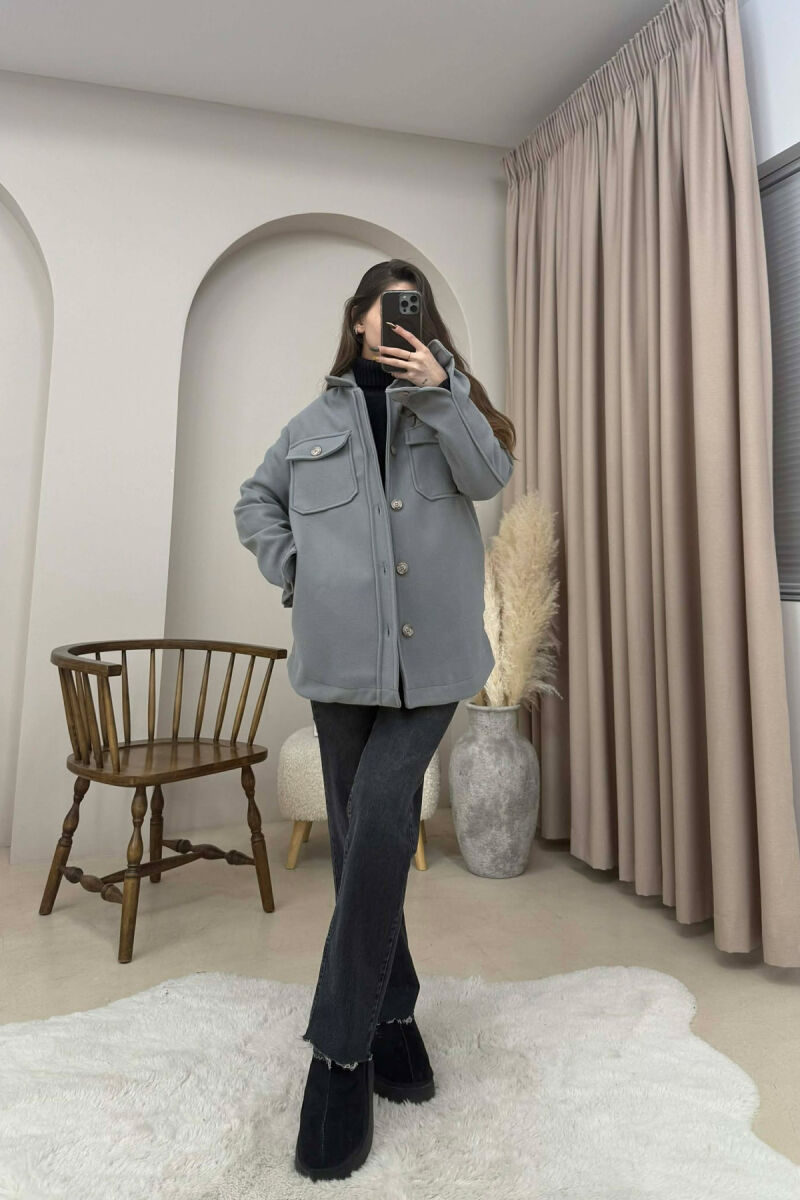 ONE COLOR SIMPLE BUTTONED WOMEN JACKET GREY/GRI - 3