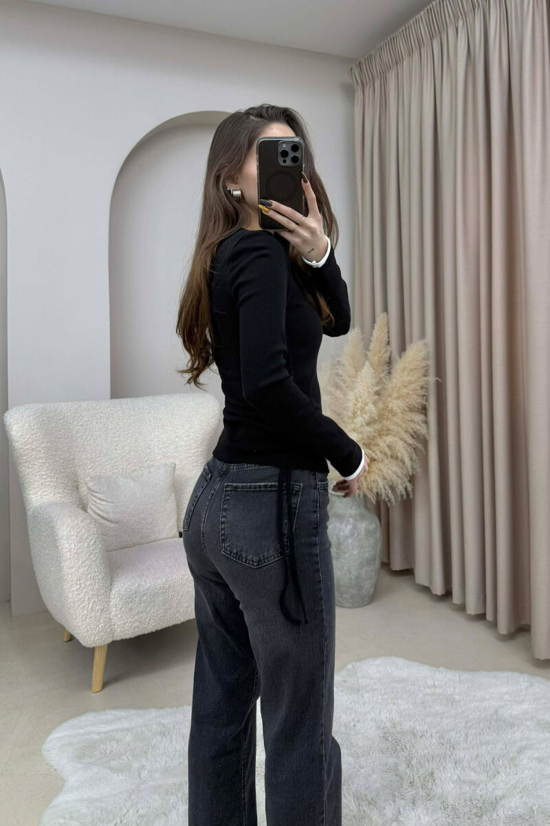 ONE COLOR SIMPLE BUTTONED NECK WOMEN SWEATSHIRT BLACK/ E ZEZE - 2