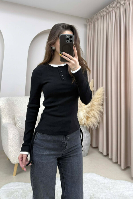 ONE COLOR SIMPLE BUTTONED NECK WOMEN SWEATSHIRT BLACK/ E ZEZE - 4