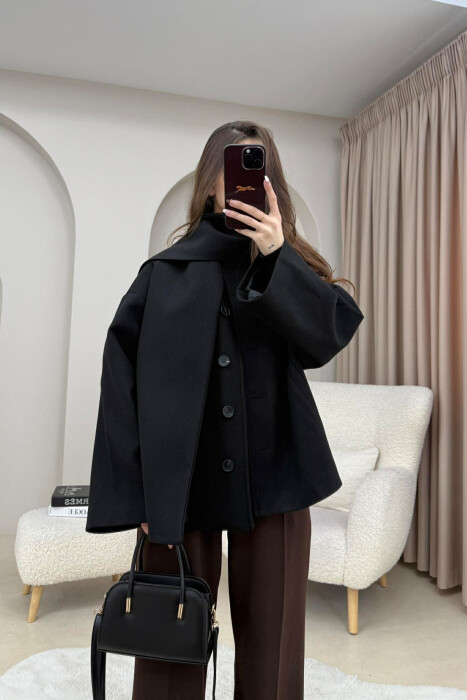 ONE COLOR SIMPLE BUTTONED WOMAN COAT WITH SCARF BLACK/ E ZEZE - KLAUDIO FASHION