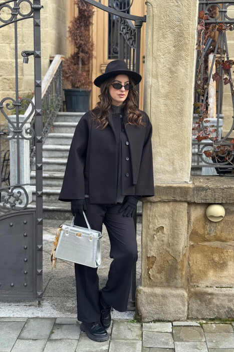 ONE COLOR SIMPLE BUTTONED WOMAN COAT WITH SCARF BLACK/ E ZEZE - KLAUDIO FASHION