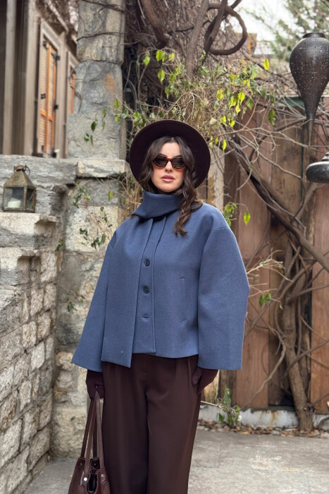 ONE COLOR SIMPLE BUTTONED WOMAN COAT WITH SCARF BLUE/BLU 