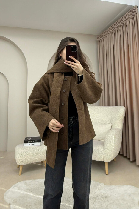ONE COLOR SIMPLE BUTTONED WOMAN COAT WITH SCARF BROWN/KAFE 