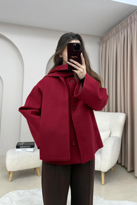 ONE COLOR SIMPLE BUTTONED WOMAN COAT WITH SCARF BURGUNDY/VISHNJE - KLAUDIO FASHION