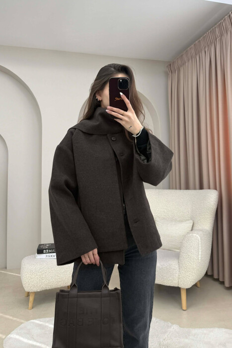 ONE COLOR SIMPLE BUTTONED WOMAN COAT WITH SCARF DARK BROWN/KAFE ERRET - KLAUDIO FASHION
