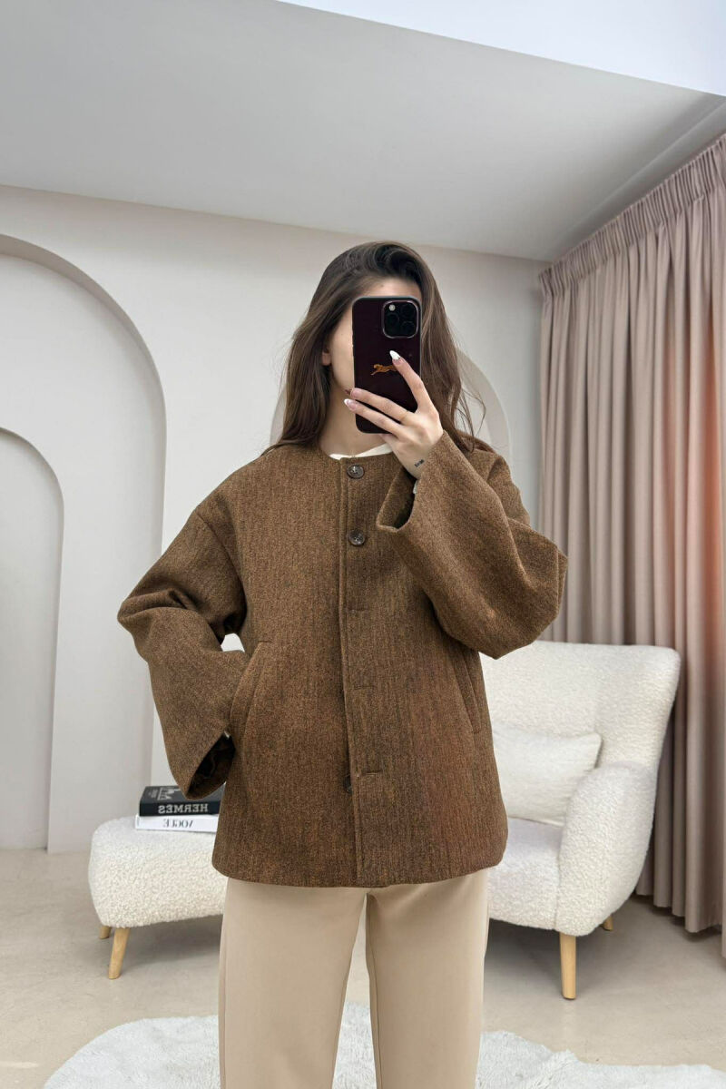 ONE COLOR SIMPLE BUTTONED WOMAN COAT WITH SCARF LIGHT BROWN/KAZB - 3
