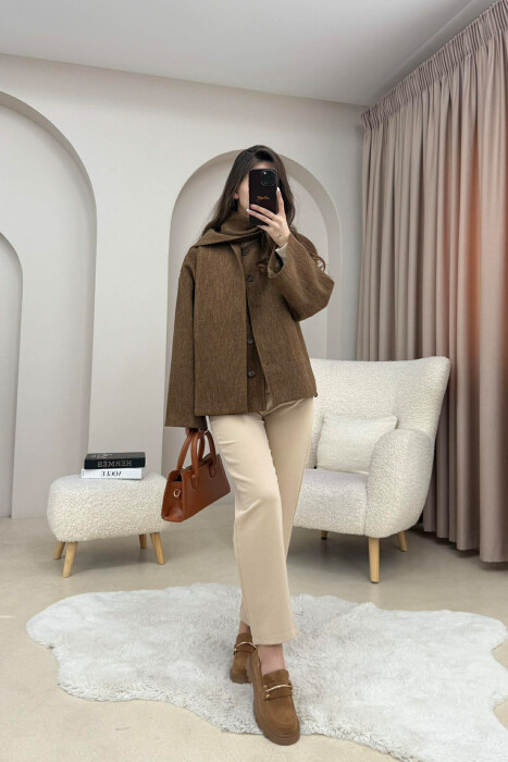 ONE COLOR SIMPLE BUTTONED WOMAN COAT WITH SCARF LIGHT BROWN/KAZB - 4
