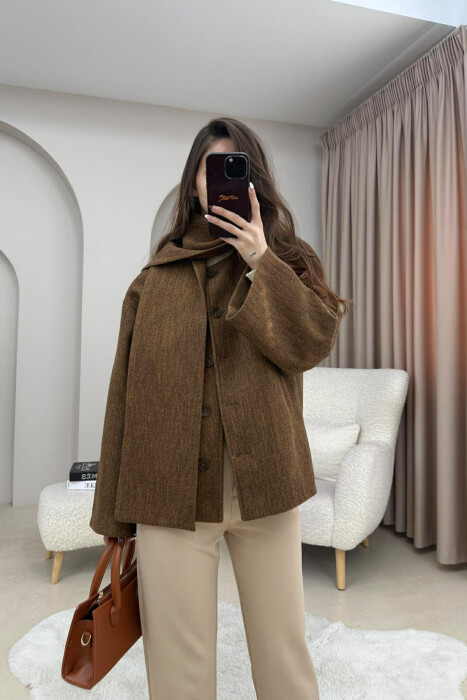 ONE COLOR SIMPLE BUTTONED WOMAN COAT WITH SCARF LIGHT BROWN/KAZB - 1
