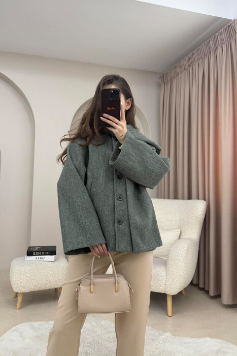 ONE COLOR SIMPLE BUTTONED WOMAN COAT WITH SCARF LIGHT GREEN/JEZB 