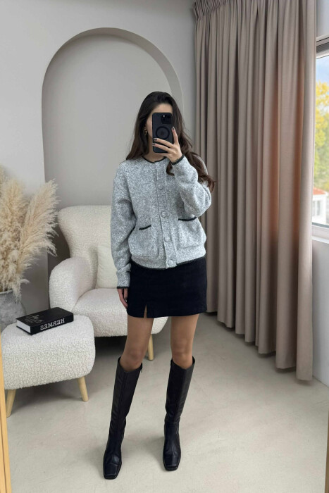 ONE COLOR SIMPLE BUTTONED WOMEN CARDIGAN GREY/GRI - KLAUDIO FASHION