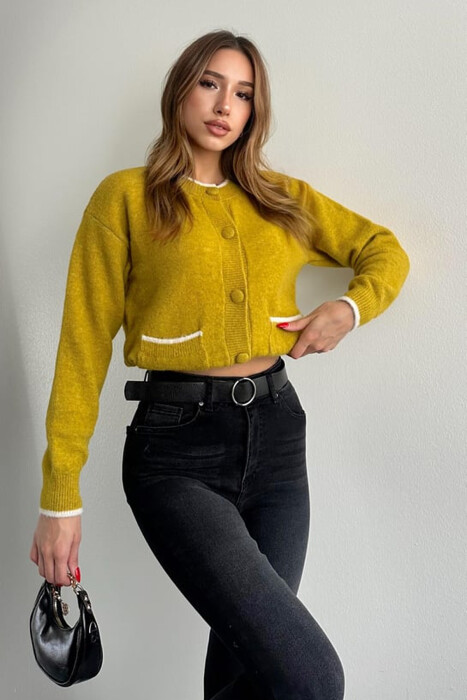 ONE COLOR SIMPLE BUTTONED WOMEN CARDIGAN LIGHT GREEN/JEZB - 1