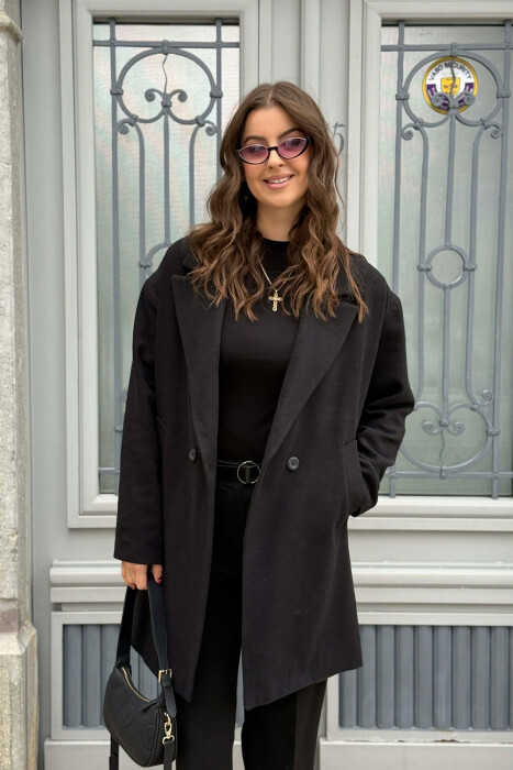 ONE COLOR SIMPLE BUTTONED WOMEN COAT BLACK/ E ZEZE - 2