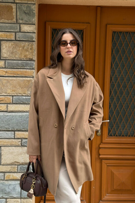 ONE COLOR SIMPLE BUTTONED WOMEN COAT BROWN/KAFE - 3