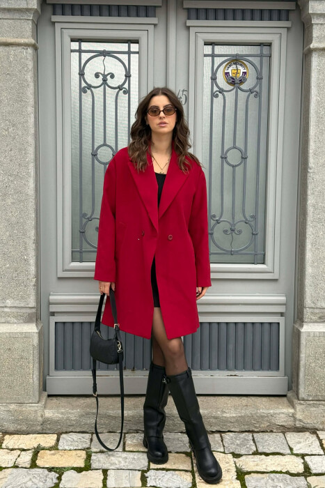 ONE COLOR SIMPLE BUTTONED WOMEN COAT BURGUNDY/VISHNJE - 1