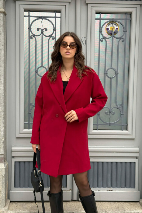 ONE COLOR SIMPLE BUTTONED WOMEN COAT BURGUNDY/VISHNJE - 4