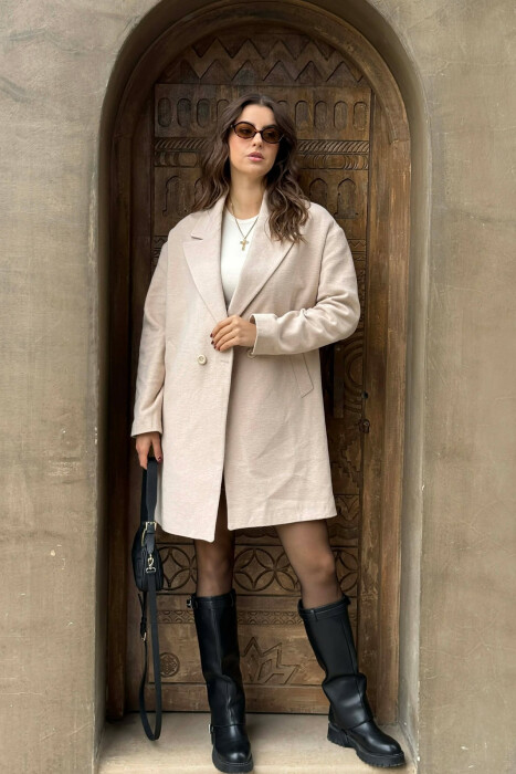 ONE COLOR SIMPLE BUTTONED WOMEN COAT CREAM/KREM 