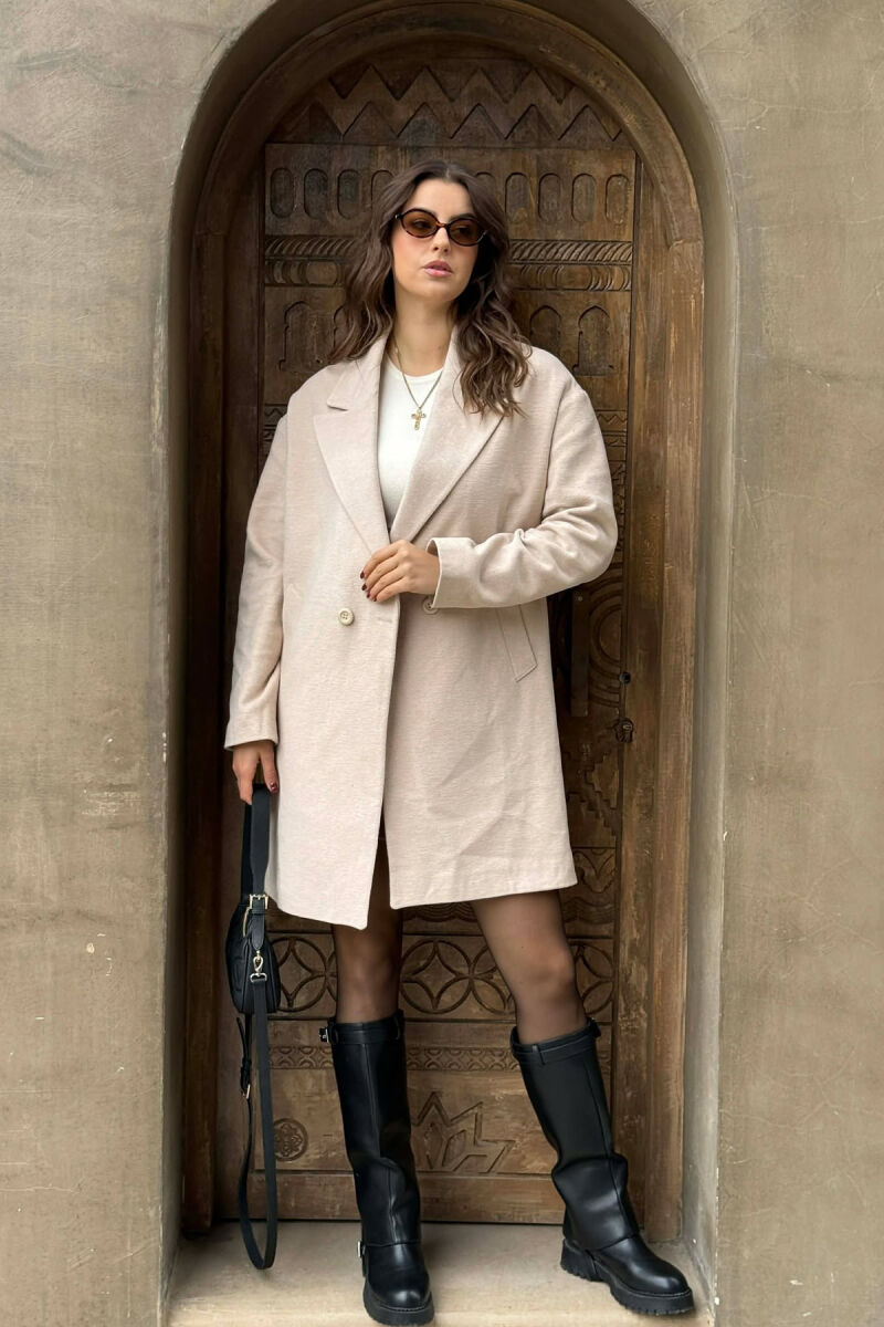ONE COLOR SIMPLE BUTTONED WOMEN COAT CREAM/KREM - 1