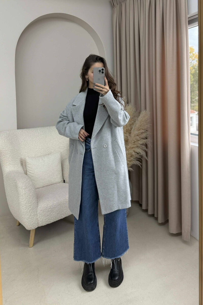 ONE COLOR SIMPLE BUTTONED WOMEN COAT LIGHT GREY/GZ - 1