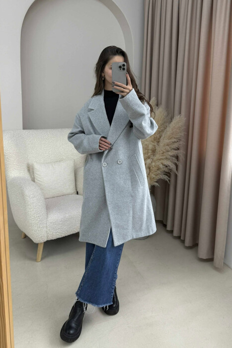 ONE COLOR SIMPLE BUTTONED WOMEN COAT LIGHT GREY/GZ - 2