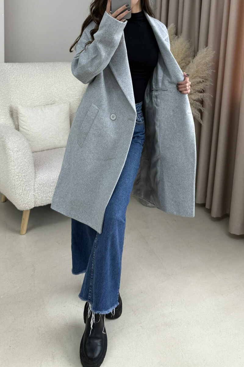 ONE COLOR SIMPLE BUTTONED WOMEN COAT LIGHT GREY/GZ - 3