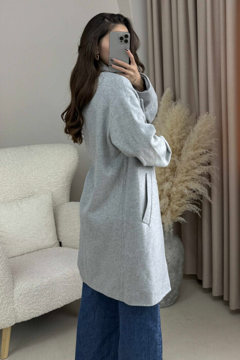 ONE COLOR SIMPLE BUTTONED WOMEN COAT LIGHT GREY/GZ - 4