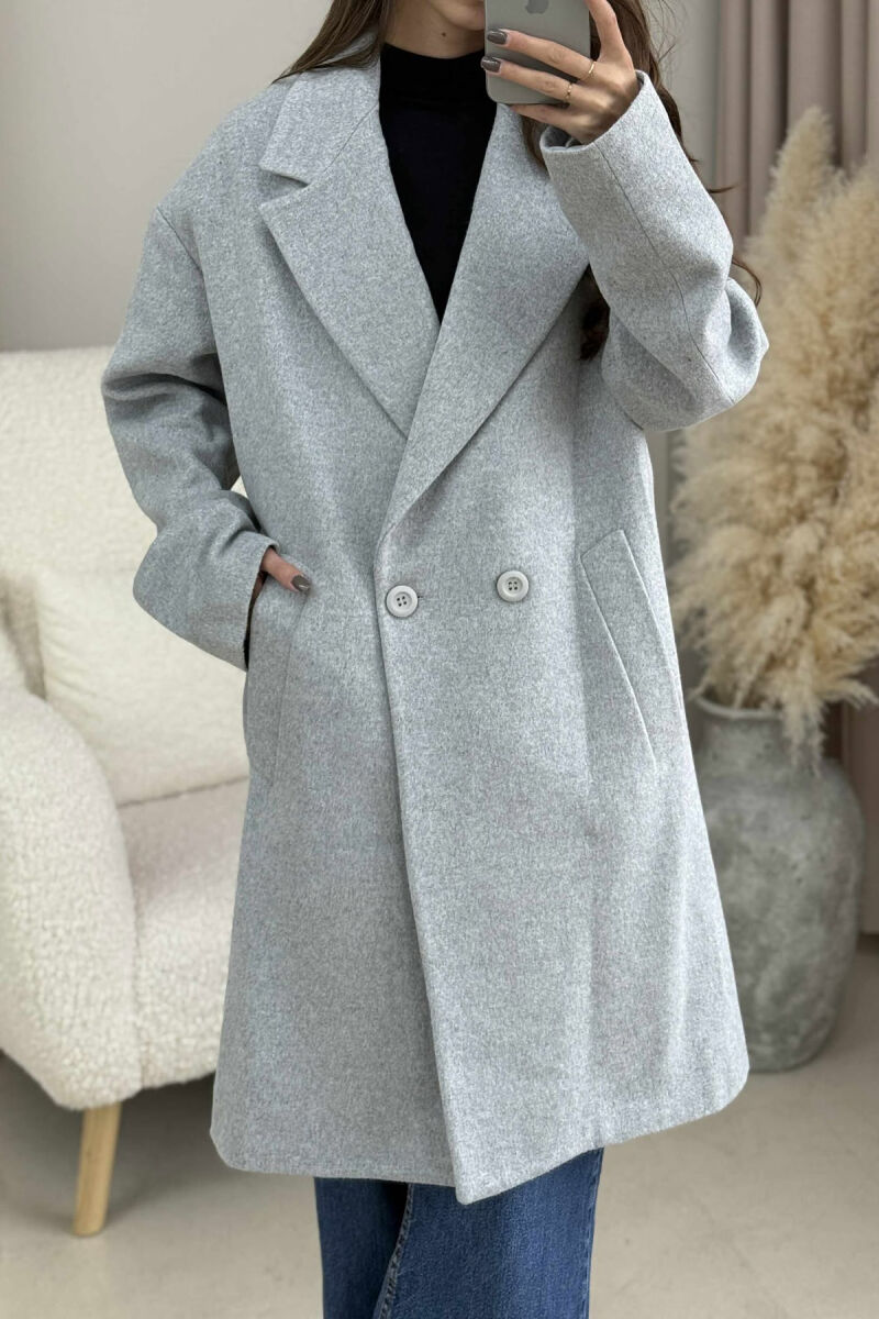 ONE COLOR SIMPLE BUTTONED WOMEN COAT LIGHT GREY/GZ - 5