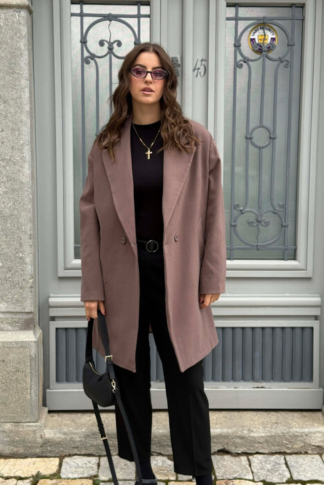 ONE COLOR SIMPLE BUTTONED WOMEN COAT VINEGAR/UTHULL - 1